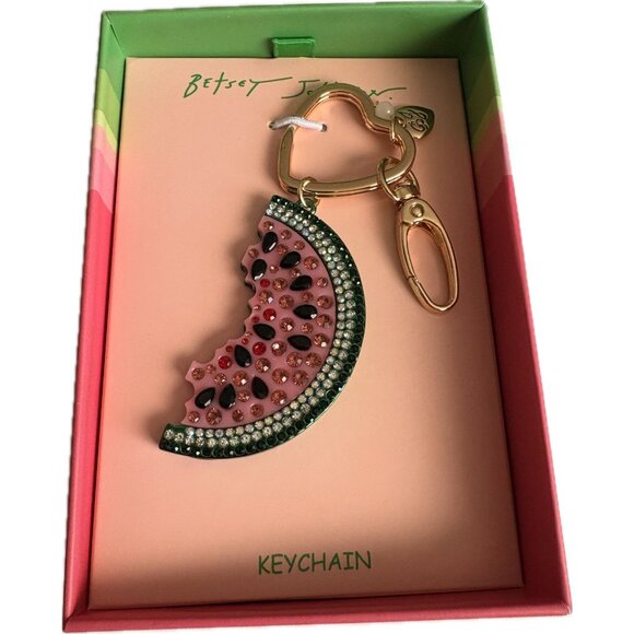 Betsey Johnson Pink-Green Watermelon Crystal Gold-Tone Key Fob Handbag Charm - Picture 2 of 5